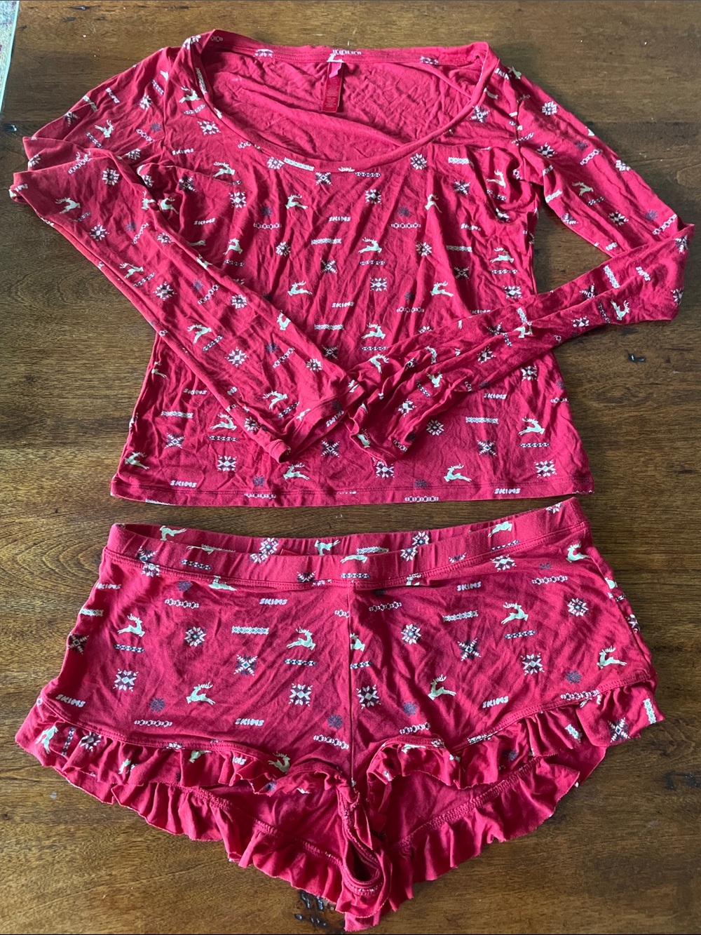 SKIMS PJ Set Red Printed Long-Sleeve Top & Ruffle Shorts Sleep Set